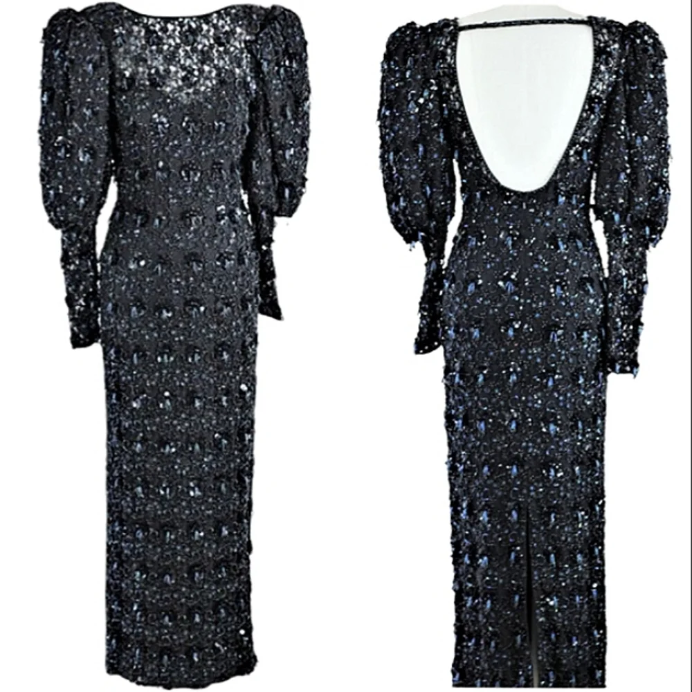 Black Tie By Oleg Cassini Beaded Puff Sleeve Formal Gown - Picture 1 of 12